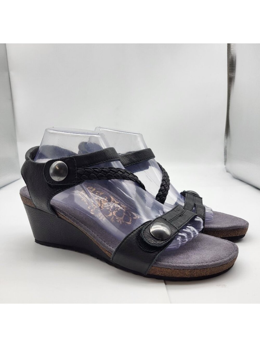 Aetrex Naya Black Leather Braided Strap Comfort Sandals SZ 10 Wedge Cork Sexy